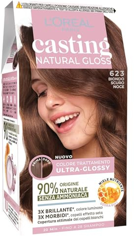 L'Oréal Paris Colorazione Semipermanente Casting Natural Gloss, Colore Trattamento Ultra Glossy, Senza Ammoniaca, Colore: Biondo Scuro Noce 623