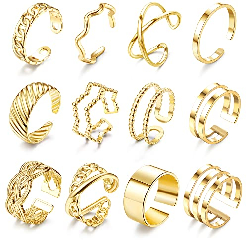 JeweBella 12 Stück Offene Ringe Set für Damen Edelstahl Knöchel Ringe Silber/Gold Stapelbare Ringe für Frauen Daumenring Trendy Stapelringe Set Minimalistischer Fingerringe Set