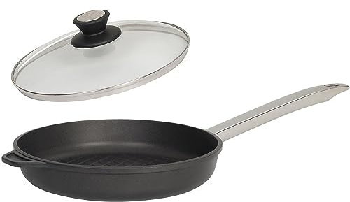 SKK Grillpfanne Ø 28 cm - ohne Induktion - runde beschichtete Aluguss BBQ Pfanne 2-tlg. Edelstahlstiel & Deckel mit Edelstahlrand - Made in Germany