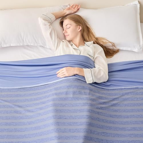 EMME Kühldecke Kühlende Decke, Arc-Chill Q-Max>0,5, 152 x 203 cm, 2 in 1 Doppelseitige Dünne Sommerdecke, Leicht Atmungsaktiv Tagesdecken, Sofa Decken,Bettüberwurf Kuscheldecke,Blau Gestreift