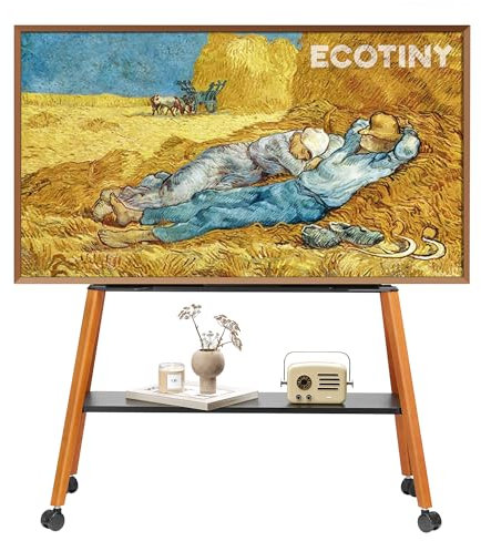 ECOTINY TV Ständer mit Rollen für 49 bis 75 Zoll TV bis zu 40 kg, Easel Design mit Metallstruktur und Holzablage, Beweglicher TV Ständer auf Rädern für Geschäft, Büro, Schule, Haus