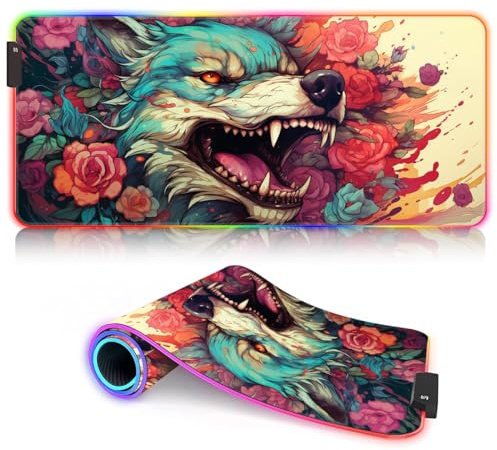 HEYCE Tastatur- und Mauszubehör, Blumen, Mighty Wolf, ROG XL-Mauspad, großes LED-langes Computer-Tastatur-Mauspad (80 x 30 x 0,3) cm für Tastatur-Maus
