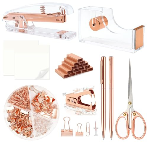 Rotgoldenes Bürobedarf, rotgoldenes Schreibtischzubehör, Hefter und Klebebandspender-Set mit Hefter, Klebebandspender, Heftklammern, Clips, Schere, Stift und Haftnotizen, Geschenke für Büroangestellte