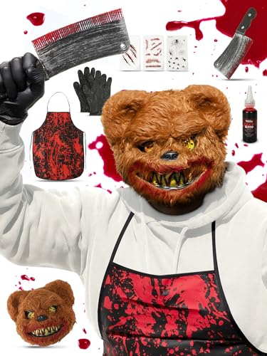 Festicy Bärenkostüm für Herren und Damen I One Size Halloween Maske, Kunstblut Halloween Beil, Schürze & Tattoos I Horror Kostüm Herren für Halloween 2026 Party I Halloween Kostüm Damen