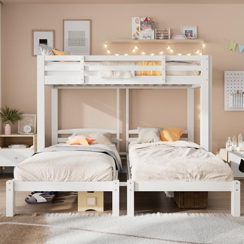 Rtopsu Triplo Letto a Castello con Scala per 3 Bambini 90x200 cm, Letto a Tre con Rete e Doghe in Legno per 3 Ragazzi, Letti a Soppalco con Protezione Anticaduta, Arredamento, Bianco, Senza Materasso