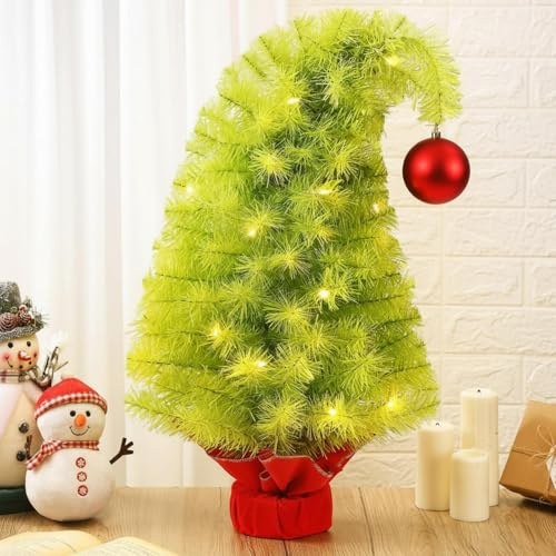 Motionchic 2FT Lime Green Christmas Tree Whimsical Curved Plastic Trees with Red Ball Top Artificial Xmas Mini Tabletop Home Decoration Cloth Bag Base Wrapped Up for Indoor Desktop Decorating