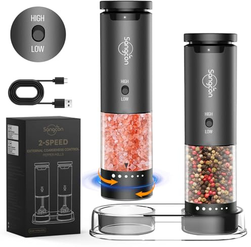 Sangcon 2-Speed Electric Salt and Pepper Grinder Set Rechargeable, 6 External Adjustable Coarseness Levels, Automatic Salt & Pepper Mill Shakers Set with Dustproof Storage Base, One-Handed Operation