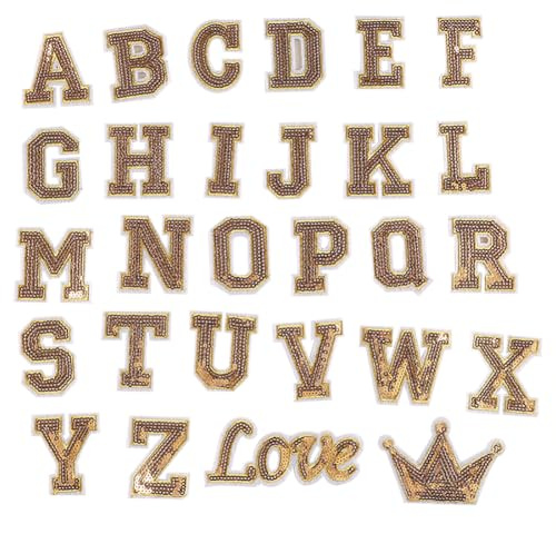 JIHUOO Aufnäher mit Pailletten, Buchstaben, A-Z, Alphabet-Applikationen, Glitzer, Buchstaben, Hotfix, glänzend, dekorative Flicken, funkelnde Aufnäher zum Aufnähen für Taschen, Schuhe, goldfarben, 28
