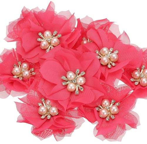 PATIKIL 10 Stück 2,36 Zoll Strass Perlen Chiffon Blume Rosarot | Nähen Stoff Applikationen, für DIY Handwerk Kleidung Stirnbänder Hochzeit Party Dekoration