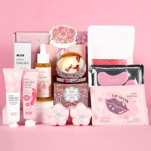 LAIKOU Sakura Pamper Gift Set, Ultimate Bath & Body Care Collection, Hand & Foot Cream, Body Oil, Bath Bombs, Aromatherapy Candle and More, Self Care Package, Spa Gift Set for Women & Teen Girls