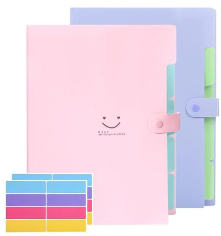 2 Stück Dokumentenmappe A4, Mappe mit 5 Fächern, Fächermappe A4 mit Etiketten und 2 Blättern Klebeetiketten, Tragbar Ordnungsmappe für Schule Zuhause Bürobedarf