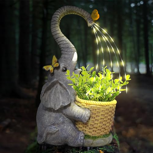 lifemet Gartendeko Solar Elefanten Gartenfiguren - Außen Elefanten Statuen mit Kunstpflanzen Wetterfest Led Lichterkette für Home Balkon Terrassen, Elefanten Geschenke für Frauen Mama