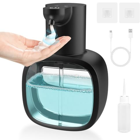 Dalugo Automatischer Schaumseifenspender, 500 ml, ohne Berührung, ohne Bohren, IPX5 wasserdicht, USB-C, wiederaufladbar, Seifenspender, Schwarz für Badezimmer