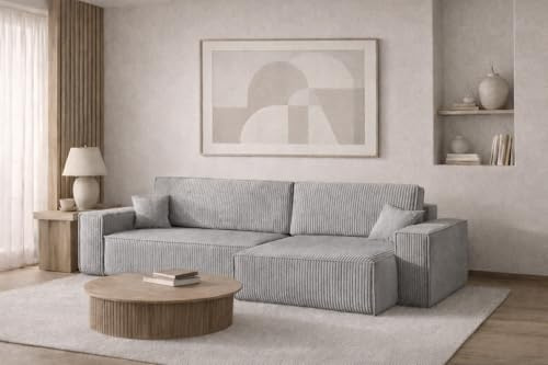 Kaiser Möbel - Ecksofa mit Schlaffunktion und Bettkasten, Schlafsofa mit Bettzeugbehälter, Wohnlandschaft L-Form, Klappsofa, Relaxsofa, Cordstoff, Bequemes Couch für Wohnzimmer, Best XL, Grau, Rechts