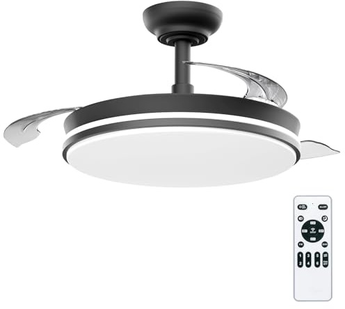 LEDUNI Ventilador de techo con luz con mando 3 aspas, Motor DC 30W+Luz LED,temporizador, 6 velocidades, aspas retráctiles, 3 temperaturas de luz, función verano-invierno Silencioso (Negro, 50CM)