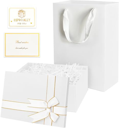 ZUYIST Geschenkbox mit Deckel, Geschenkverpackung Geburtstag Weiß | Rechteckige Geschenkbox Geburtstag mit Schleife, Geschenkkarton mit Deckel Raffia und Grußkarten, für Hochzeiten Jahrestage