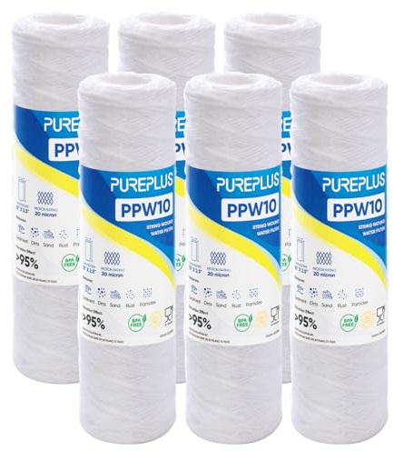 PUREPLUS 20 Micron 10x2.5 Whole House String Wound Sediment Filter for Well Water, Replacement Cartridge for Universal 10 inch RO System, WP-5, Aqua-Pure AP110, CFS110, Culligan P5,WFPFC4002, 6Pack