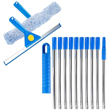 Window Cleaning Equipment, Window Cleaner Tool Kit with Long Handle, 35cm Casement Washing Squeegee and 37cm Scrubber Cleaning Equipment for Home, Shower Glass, Car, RV