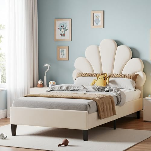 DAHUEN Lit simple rembourré, 90 x 200 cm, avec tête de lit en forme de fleur et sommier à lattes, tête de lit réglable en hauteur, pour adolescent, fille, en velours, sans matelas (beige, 90 x 200 cm)