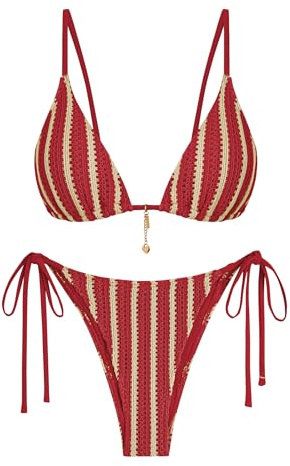 ZAFUL Red Crochet Beads Bikini Sets for Women Cheeky Two Piece Tropical Sexy Bathing Suits Striped Brazilian High Cut Knit Swimsuit for Vacation Resort Wear S