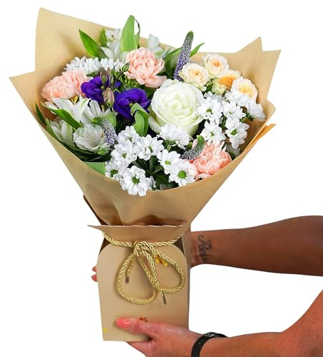 Fleur De Luxe Vanilla Skies Giftbox - Pastel & Jewel Bouquet With White Roses, Peach Germini, Purple Lisianthus - Ideal For Birthdays & Anniversaries