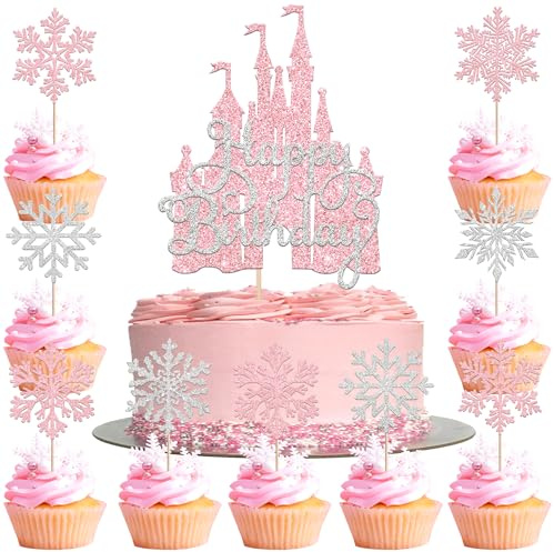25 Stück Schloss Tortendeko Frozen Schneeflocke Cupcake Toppers Glitzer Winter Schneeflocken Kuchen Deko für Baby Dusche Hochzeit Junge Mädchen Geburtstag Party Kuchen Dekorationen Rosa Silber