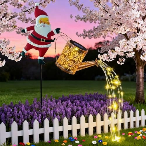 Genérico Regadera Solar Navideña con Forma de Tetera, Luz Decorativa Colgante de Metal Impermeable con Forma de Papá Noel para Exteriores, Ideal para Patios y Jardines(Warm)