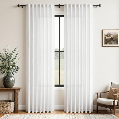 CUTEWIND Gardinen Weiss Leinenoptik Halbtransparent 2er Set Vorhänge Wohnzimmer Modern H 225 x B 140 cm, Vorhang Weiß Leinen Schlafzimmer Curtains Living Room, mit verdeckten Schlaufen