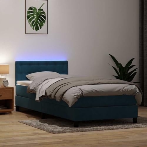 Mandloder resårsäng med madrass och LED mörkblå 80 x 220 cm, sammetstyg, fickfjäderkärna, höjdjusterbar sänggavel, modern sovrumsinredning