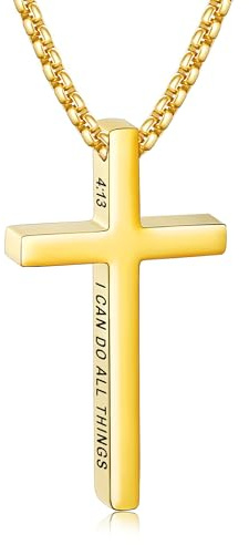 Gold Cross Necklace for Men Boys, Bible Verse 4:13 Gold Cross Chain for Men Boy Easter Basket Stuffers Baptism Christian First Communion Confirmation Religious Gifts for Teen Boys Kids Toddler Jewelry Gifts