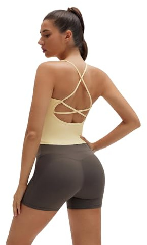 SUUKSESS V Neck Padded Longline Sports Bras Workout Open Back Tank Top Yellow