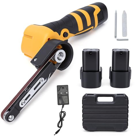 WODHMIEY 16.8V Cordless Belt Sander Electric File with 2 Batteries & Sanding Belts 60 Grits Adjustable Angle Powerful Motor, for Wood Metal DIY Furniture Car Parts Detail Grinding in Blow Case Yellow