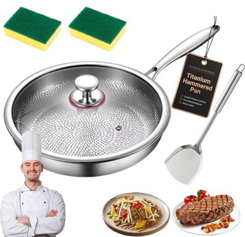 Générique Poele Titane, Poêle En Titane Martelée Pro Avec Couvercle, Titan Pfanne, Poêles à Frire En Titane Antiadhésives, Tous Feux Dont Induction, Ultra-Résistante (Couvercle Inclus, 26cm)