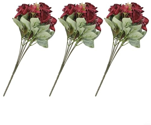 Künstlicher Rosenstrauß, 3 Stück Seidenblumenstiele für Heimdekoration und Fotografie-Requisiten, 32 cm (rot)