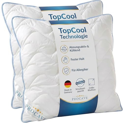 PROCAVE TopCool Kopfkissen Kochfest 80x80 cm (2er Set), Qualitäts-Stepp-Kissen, atmungsaktives Allergiker Kissen, Winter- und Sommer-Kissen 100% aus Deutschland