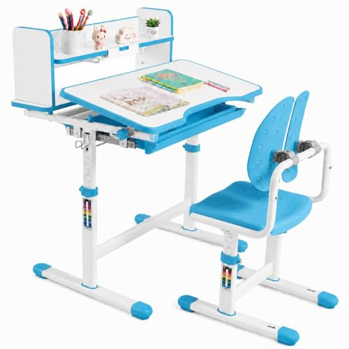 JOYLDIAS Kinderschreibtisch mit Stuhl höhenverstellbar, Kinder Schreibtisch Set mit Bücherregal, geteilter Rückenlehne, neigbarer Tischplatte 0–40°, Schublade und Haken, Blau
