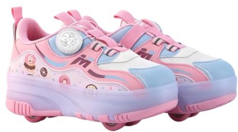 JJDFW Barn dubbelradig fyra rullsneakers med PU-hjul, nätöverdel med tecknat tryck, vridlås och krok och ögla stängning, låg topp tjock sula för promenader och skridskoåkning, rosa lila svart