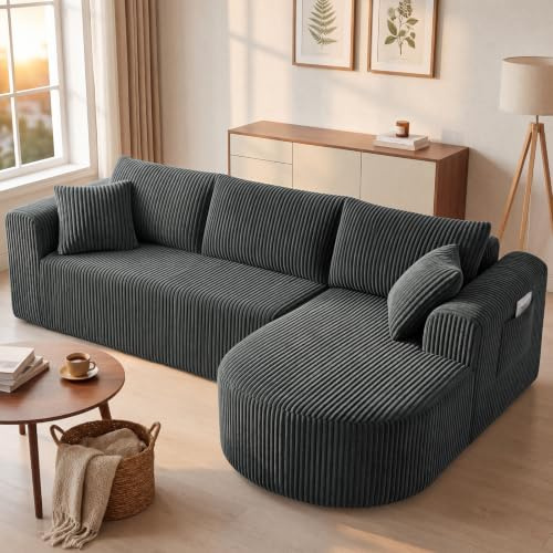 COMHOMA Hörnsoffa med sovfunktion, 243 cm, corduroy, modulär boneless soffa med schäslong, L-formad bäddsoffa, sektionssofa med kudde och sidofickor, soffa för vardagsrum, ingen montering, grå