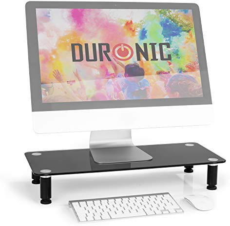 Duronic Monitor Stand Riser DM052-2 | Laptop and Screen Stand for Desktop | Black Tempered Glass | Support for a TV or PC Computer Monitor | Ergonomic Office Desk Shelf | 20kg Capacity | 56cm x 24cm