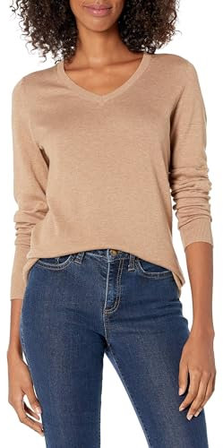 Amazon Essentials Women's Regular-Fit Lightweight Long-Sleeve V-Neck Jumper (Available in Plus Size), Camel Heather, M