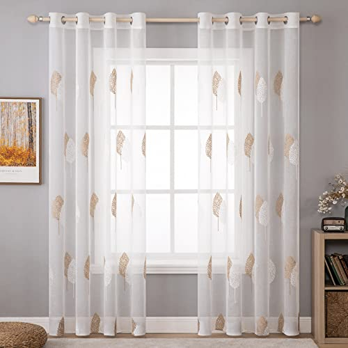 MIULEE Wohnzimmer Vorhänge Transparent mit Braun und Weiss Blätter Muster, Modern Stickerei Gardinen Ösen für Schlafzimmer Deko, 2er Set Schöne Blätter Muster Vorhang Fenster H 225 x B 140