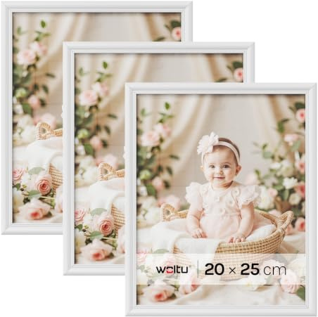 WOLTU Bilderrahmen 20x25, 5er set, Massivholz Fotorahmen mit Passepartout | Weiß, Front aus PS-Platte, Posterrahmen zum vertikalen oder horizontalen Aufhängen und Aufstellen, Collage Wanddeko
