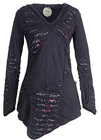 Vishes - Alternative Bekleidung - Langarm Damen Baumwoll Cutwork-Kleid Hoodie Zipfelkapuze Asymmetrisch schwarz 40
