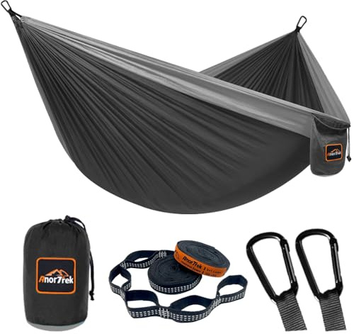 AnorTrek Campinghängmatta, superlätt och portabel fallskärmshängmatta med två trädremmar, enkel eller dubbel nylonhängmatta för camping, vandring och backpacking