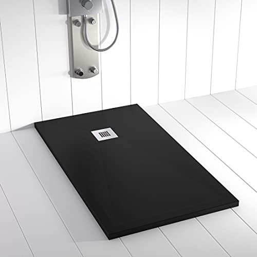 Shower Online Plato de ducha Resina PLES - 90x120 - Textura Pizarra - Antideslizante - Todas las medidas disponibles - Incluye Rejilla Inox y Sifón - Negro 9005