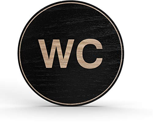 Betriebsausstattung24 Holz-Türschild Piktogramm WC Toilette - Hinweisschild aus Eichenfurnier - rund Ø 10cm, schwarz - Für Ihre Tür & Wand - Inkl. Klebepad