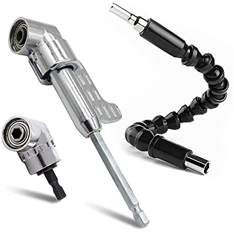 Jamiikury Silver 105 Degree Right Angle Drill Bit Holder, 1/4 Hex Shank Driver and Flexible Angle Extension Bit Kit for Screwdriver & Drill