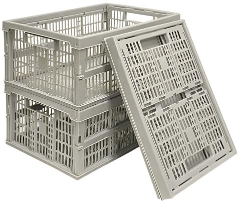 VR7 Folding storage crates with handles Stackable Plastic Storage Baskets for Home Kitchen Collapsible Storage Boxes Grey & White 5 Pack