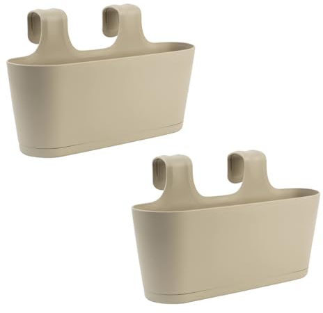 Gariella - 2 x Blumenkasten in Sand, Hängekasten, Geländer-Montage, Balkon, Außenbereich, 5,5 L, oval, Kunststoff, Übertopf, Pflanzkasten, Blumentopf zum Hängen, Wasserspeicher/Untersetzer