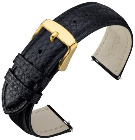 ANNEFIT Leather Watch Straps 18mm, Quick Release Textured Padded Replacement Band with Gold Buckle for Men and Women (Black)